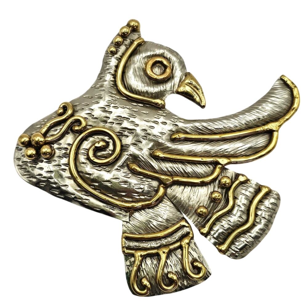 Vintage IXEL Mexico Mixed Metal Bird Brooch Pendant Pin Aztec Mayan Statement